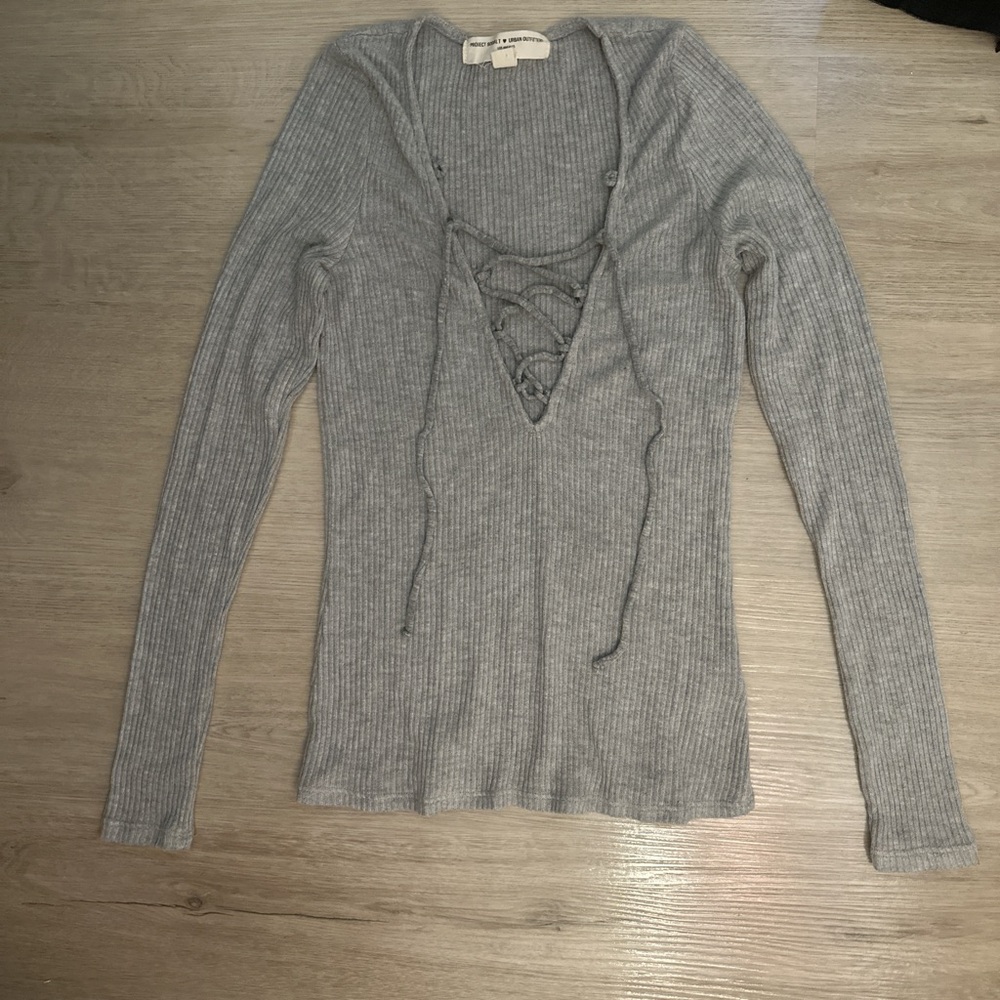 Urban Outfitters Gray Long Sleeve Tie Front Blouse